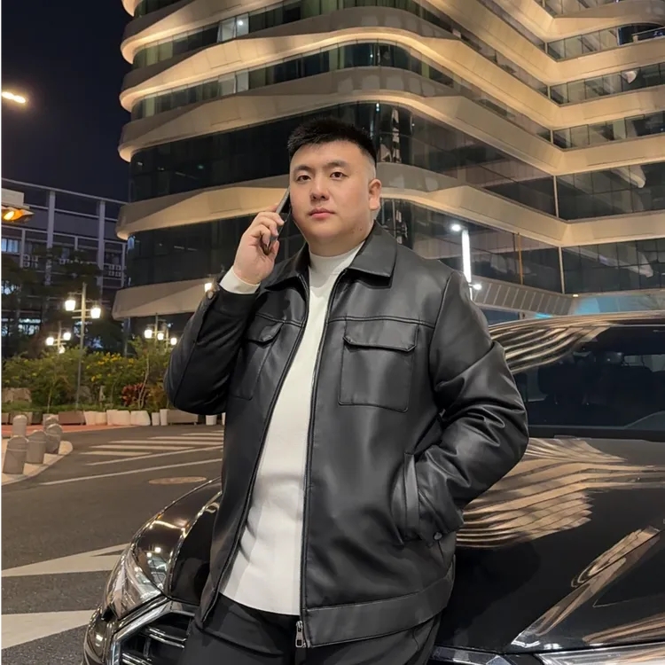 <张先森>轻熟风时尚翻领皮羽绒夹克男士加肥大码休闲机车皮羽绒服