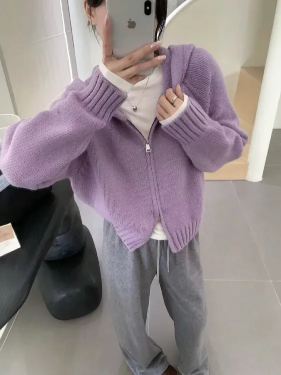 2025慵懒风毛衣外套女秋冬新款韩系简约宽松连帽拉链针织开衫上衣