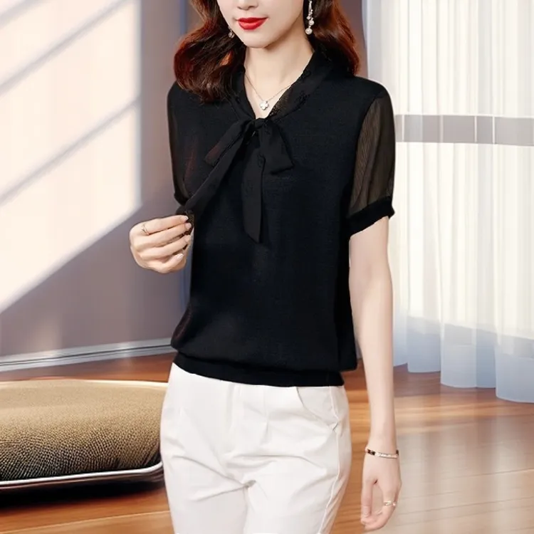 【雅岚女装】时尚洋气显瘦上衣宽松遮肚夏装新款百搭领蝴蝶结休闲