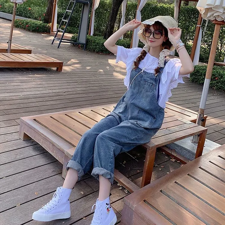 春夏牛仔背带裤女洋气时尚连体韩版秋季宽松直筒阔腿九分背带裤子