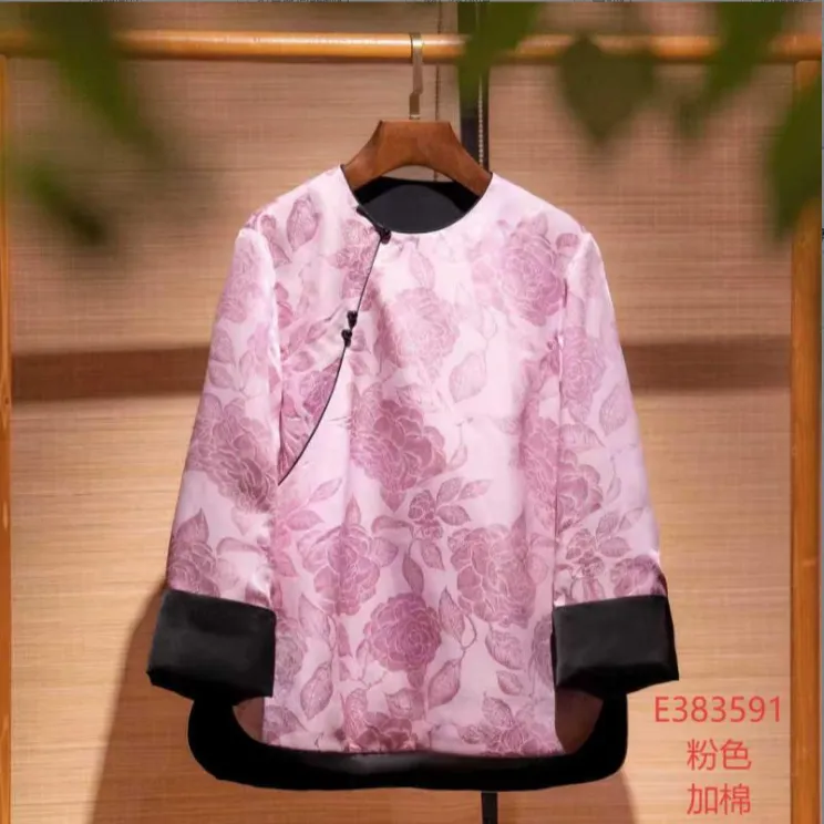 【锦系】丝毛提花新中式国风桑蚕丝圆领斜襟加棉长袖外套E-383591