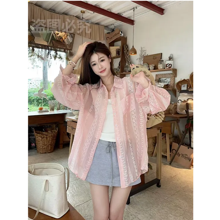 盗图必究甜美微透衬衫2025秋季新款宽松中长款长袖薄款设计感