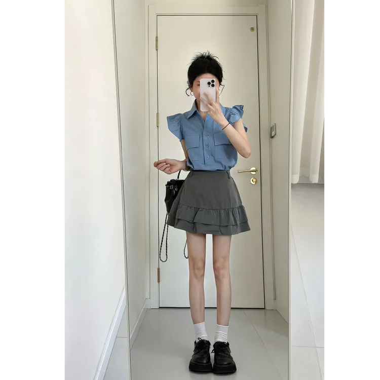 2025夏季新款时尚甜美休闲通勤风设计感百搭显瘦上衣短裙两件套