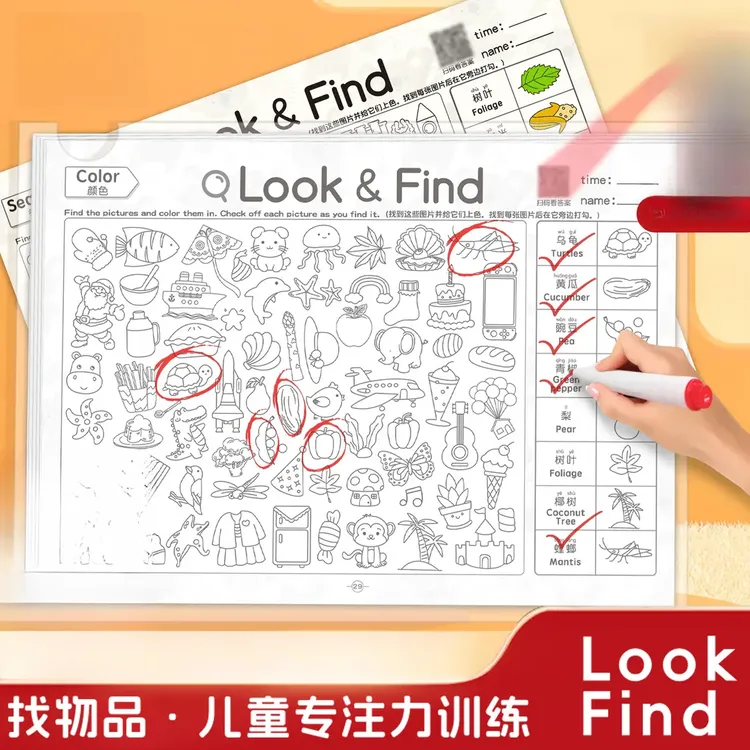 幼儿园找物品look find观察力练习专注力提升英语涂色训练卡早教