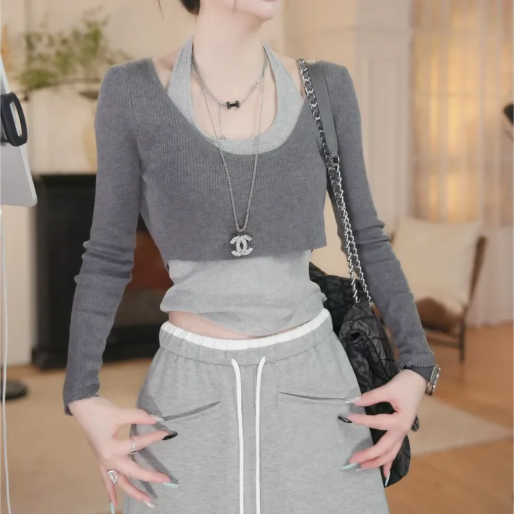 2025初秋新款两件套针织衫罩衫加背心显瘦修身上衣女LK2505541