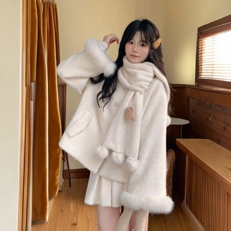 安纳茜童话 冬装新款日系甜美设计感绒球围巾毛绒绒外套半裙套装