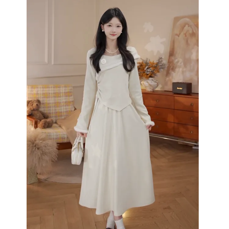 鹿向南「恋岛白茶」法式气质设计感女冬季新款假两件加绒连衣裙