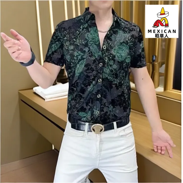 稻草人夏季新款时尚潮流男士修身百搭薄款冰丝衬衫气质印专柜品质