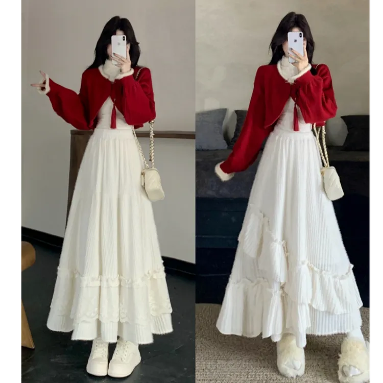 大码复古喜庆圣诞过年穿红色百搭外套+不规则荷叶边半裙两件套