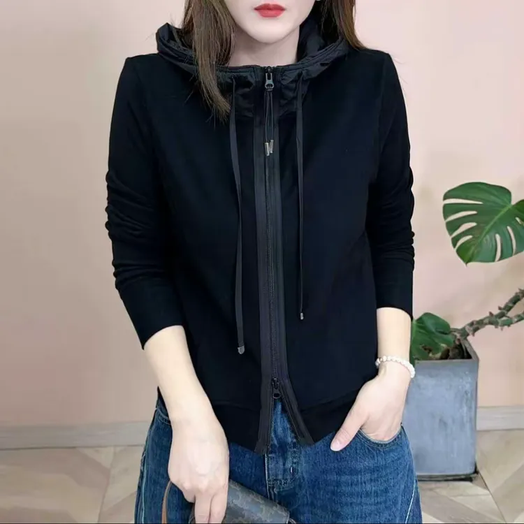 冬季新款连帽双面绒长袖卫衣气质百搭显瘦纯色拼色休闲开衫外套女