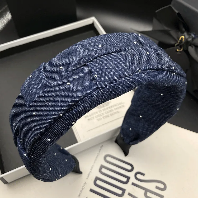 高级感气质烫钻发卡发箍女时尚新款牛仔编织遮白发宽边压发头箍