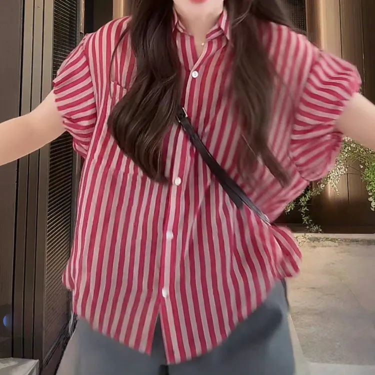 设计感经典条纹轻奢衬衫外套女2025春季新款百搭时尚气质短袖衬衣