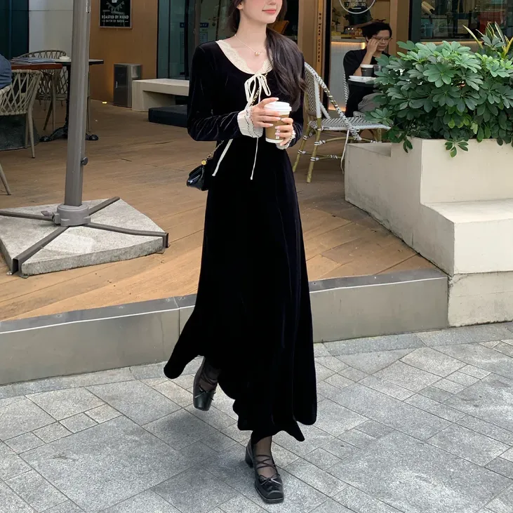 切糕自制【尽显优雅】小个子女秋气质设计感蕾丝拼接长款丝绒连衣裙