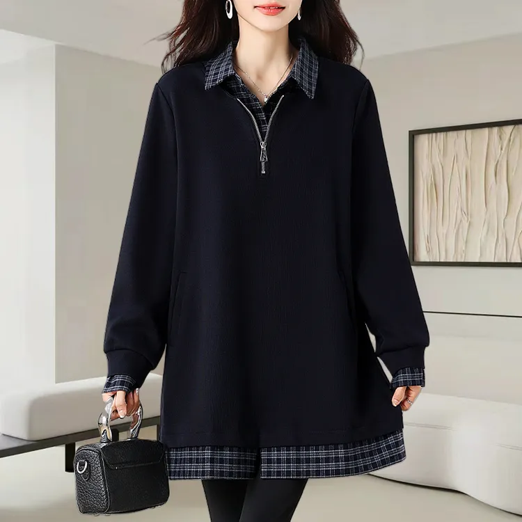 时尚休闲翻领假两件卫衣女2025秋冬季宽松遮肉显瘦大码中长款上衣