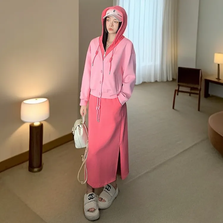 潮流时尚休闲炸街运动套装女春季新款韩版连帽卫衣开叉半身裙套装