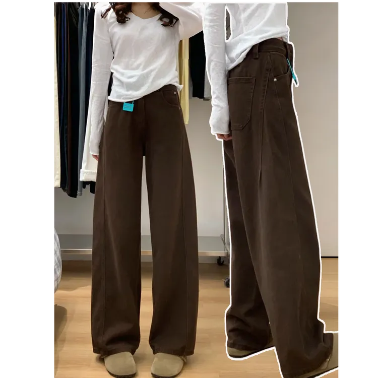 咖色加绒阔腿牛仔裤女2025新款秋冬高腰美式高个子加长宽松弯刀裤