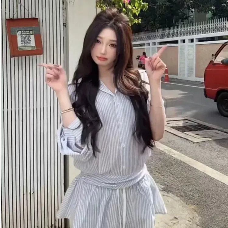 韩系复古学院风条纹翻领长袖衬衫女春季高腰显瘦半身裙休闲两件套