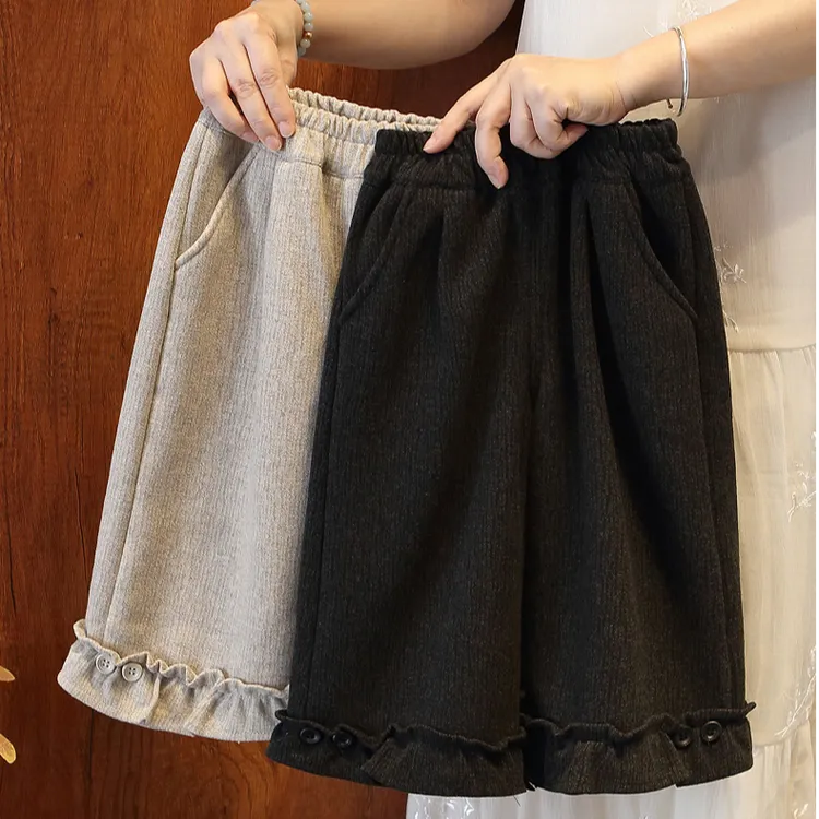 女童裤子2025秋装新款加绒休闲裤女宝宝洋气百搭阔腿裤花边直筒裤