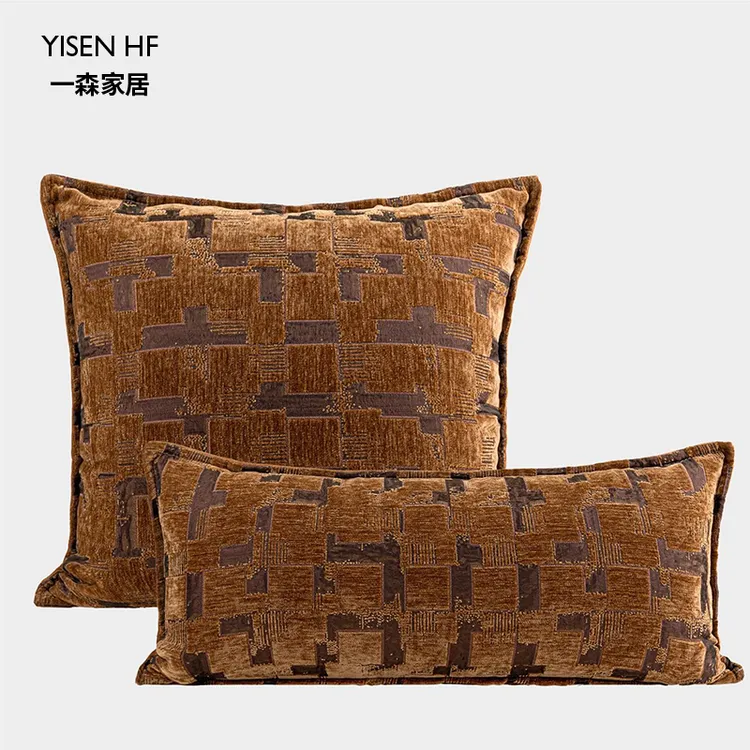 中古老钱风抱枕别墅样板间客厅沙发靠枕驼棕色绒面方枕长腰枕腰靠