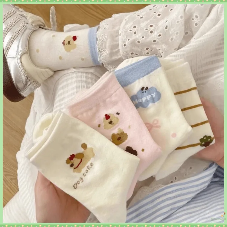 欧若风小狗学院卡通ins可爱日系春秋袜条纹潮蝴蝶结女中筒袜子少