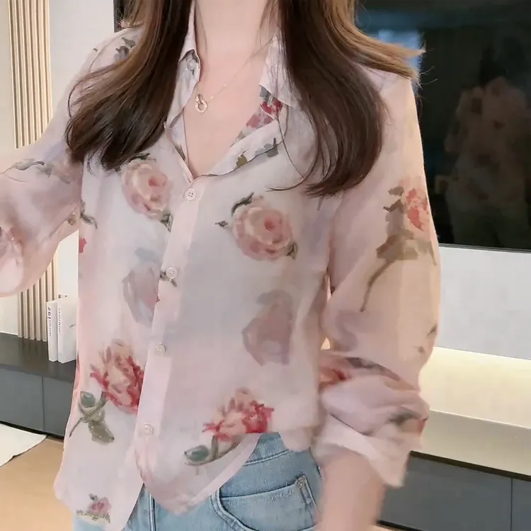 法式chic碎花衬衫女上衣春季薄款小众设计感高级慵懒风防晒衬衣