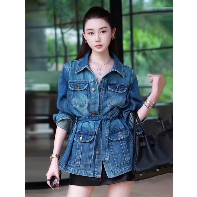 欧货轻奢高级感牛仔外套女2025新款polo领收腰绑带多口袋水洗衬衫