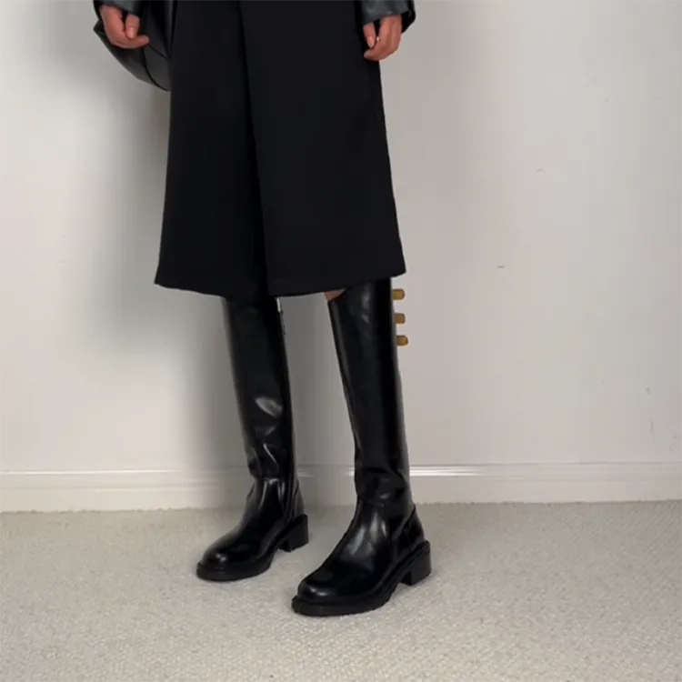 付小兮新款时尚百搭粗跟皮带扣高筒靴侧拉链长筒骑士靴显瘦气质靴