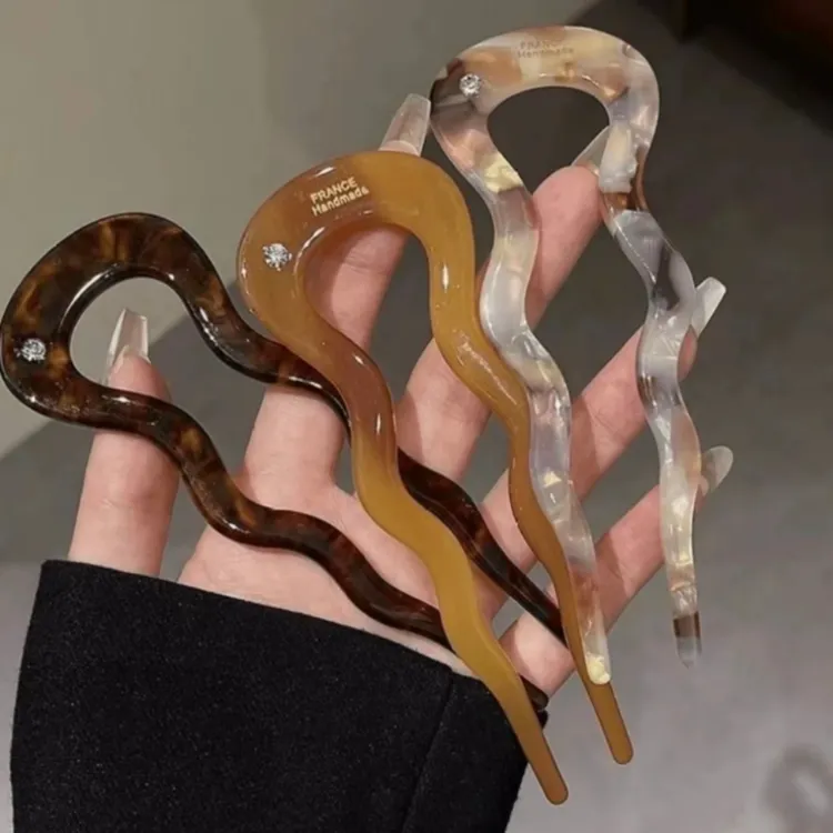 简约醋酸波浪U型发簪优雅盘发头饰气质丸子头发插