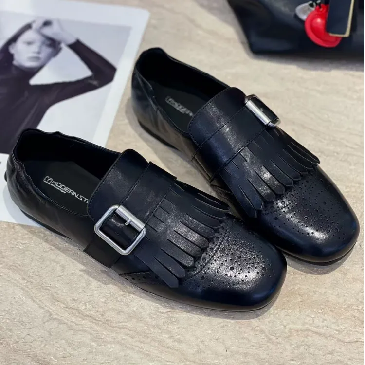 皮带扣休闲流苏平底真皮黑色厚底jk森林靴子明星英伦风布洛克女鞋