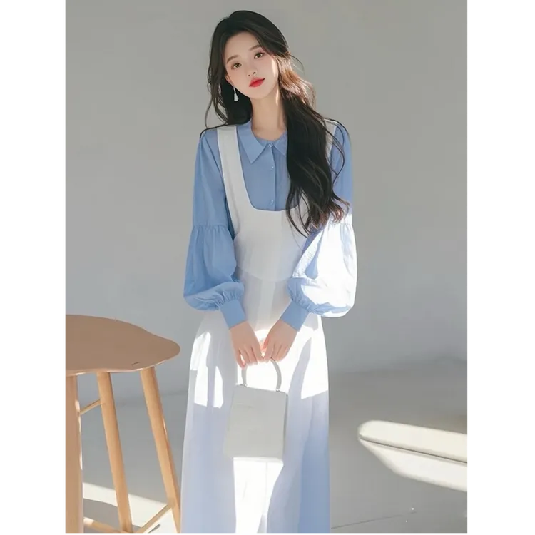 开春一整套ootd穿搭气质名媛高端女神范高级感蓝色衬衫背带连衣裙
