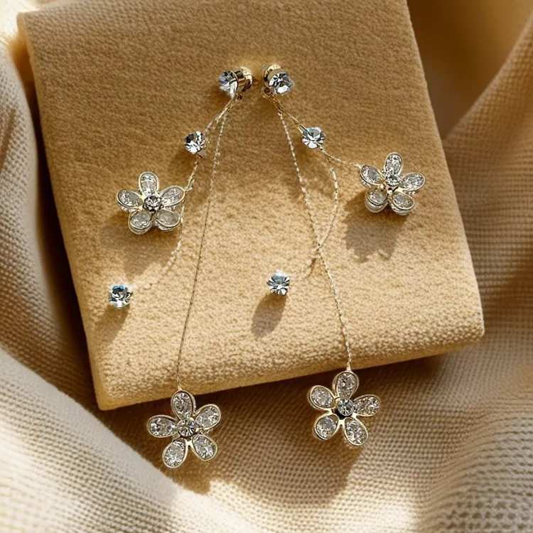 合金锆石耳饰 优雅五瓣花长款耳环小仙女百搭