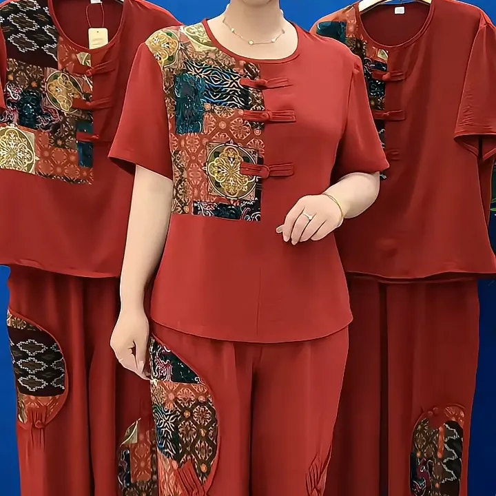 时尚妈妈短袖休闲大码两件套2025夏新款气质洋气宽松遮肉国风套装