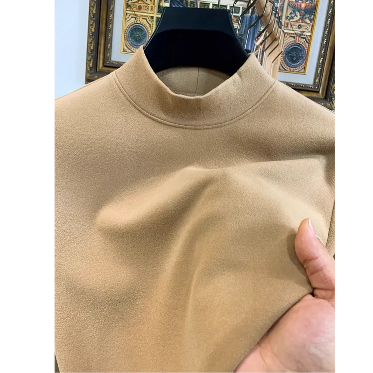 秋冬季半高领打底衫男秋冬常规双层高领印染双面德绒-纯色AY