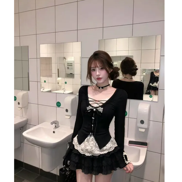 纯欲风蕾丝拼接蝴蝶结系带长袖上衣女秋季新款高腰显瘦蛋糕裙套装