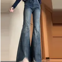 复古开叉毛边微喇牛仔裤女秋季弹力显瘦梨形身材喇叭裤子9593