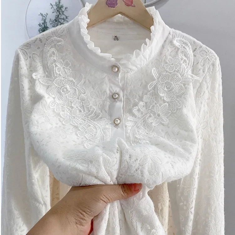 秋冬新款蕾丝立领加绒打底衬衫显瘦减龄名媛遮肉加厚小香风上衣女