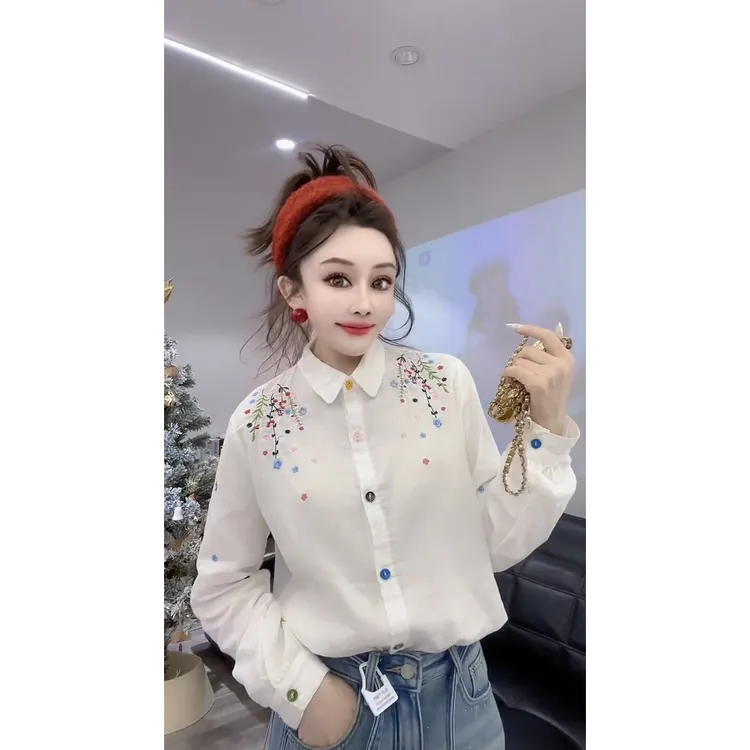 CYL-网红时尚百搭温柔治愈系藤蔓花刺绣宽松气质长袖衬衫上衣ins