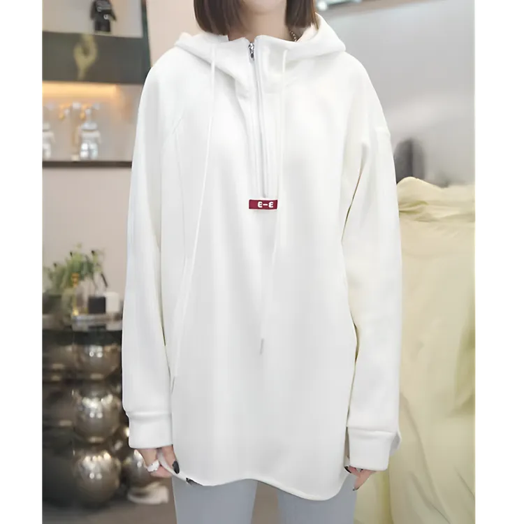 欧货加绒半拉链连帽卫衣女冬季设计感侧面开叉时尚休闲中长款上衣