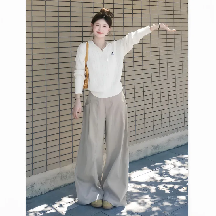 秋冬搭配一整套韩系松弛感针织衫毛衣阔腿休闲裤巨好看两件套装女