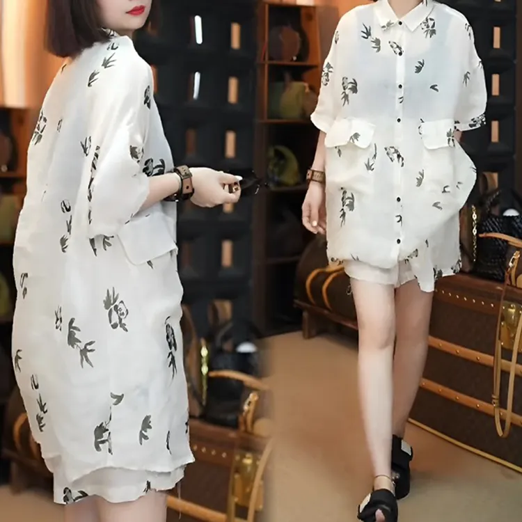 复古国风印花显瘦套装2025夏季设计感衬衫高腰休闲短裤简约两件套