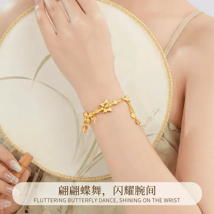 足银珐琅手镯 足银999蝶恋花流苏手镯古风半镯半链送女友情人节