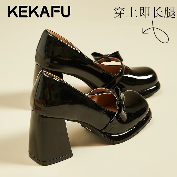 珂卡芙千金风甜酷玛丽珍小皮鞋法式小众蝴蝶结粗跟浅口高跟单鞋女