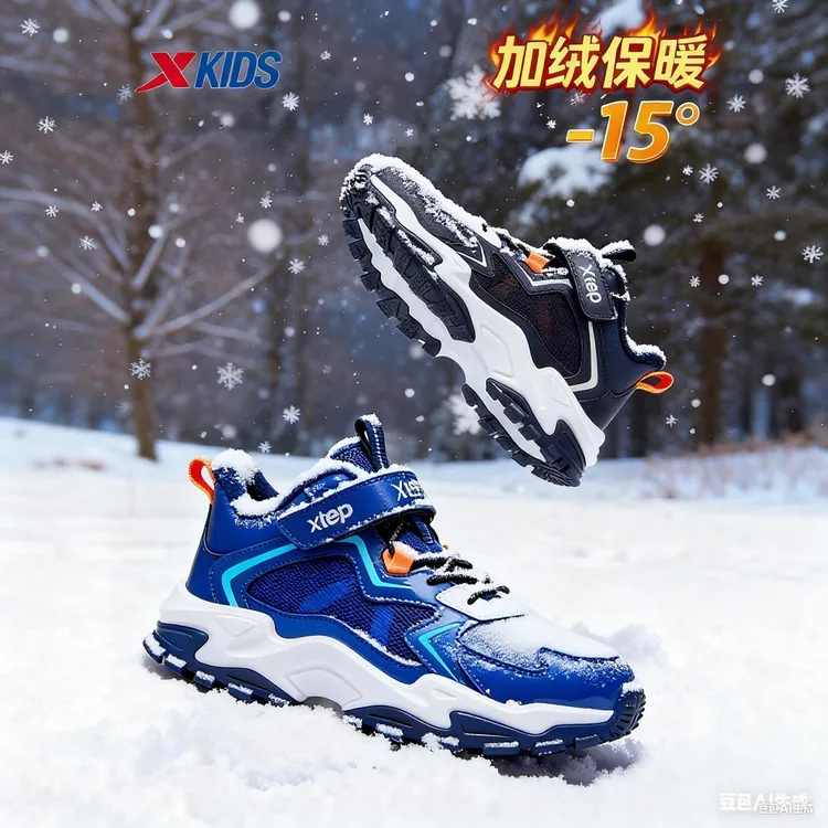 【加绒熊猫鞋】特步儿童秋冬皮面棉鞋大童百搭二棉鞋675415379607