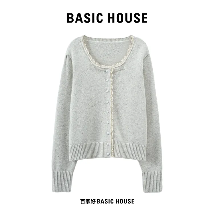 Basic House/百家好双拉链连帽针织衫女2025年新款慵懒感百搭外套