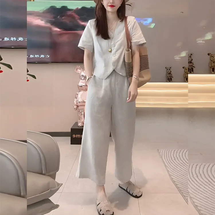 气质感轻奢套装女2025夏季新款简约宽松短袖上衣休闲阔腿裤两件套