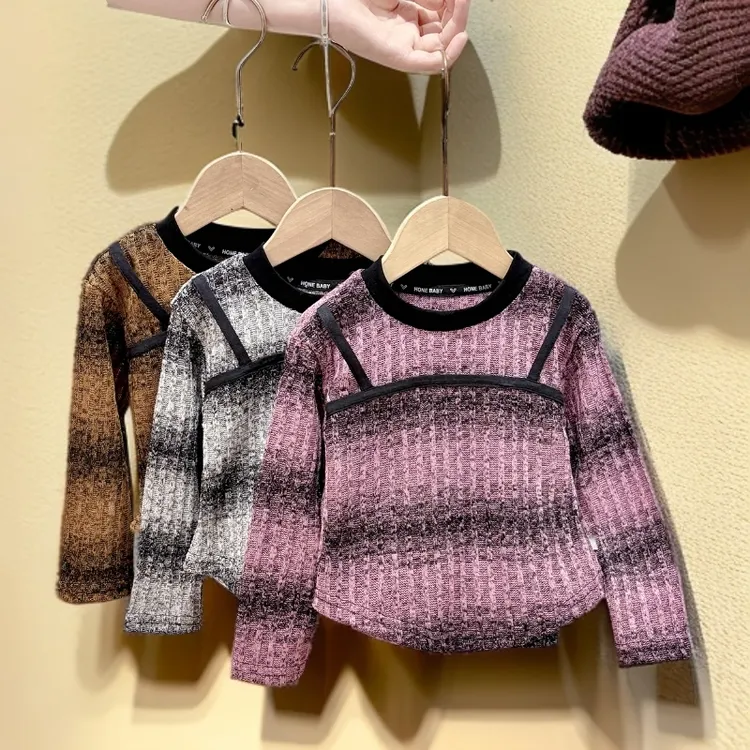 女童秋装洋气假两件条纹T恤新款春秋款宝宝打底衫圆领长袖童装