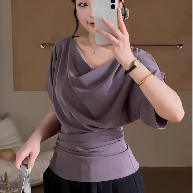 设计感堆叠蝙蝠短袖T恤女夏季荡领紫色遮肉收腰显瘦百搭上衣ins潮