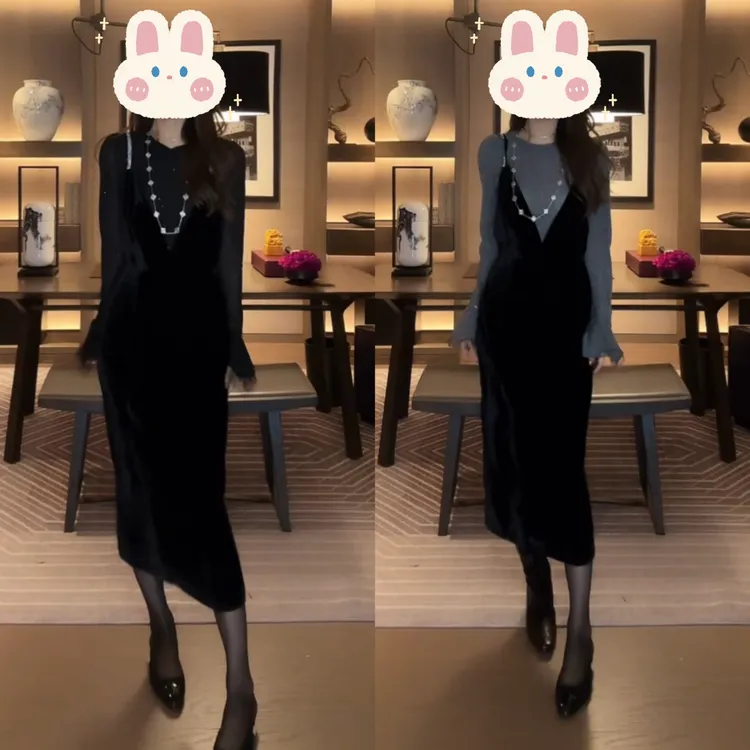 赫本风显瘦黑色丝绒吊带裙唐装+银灰烫钻喇叭袖打底衫唐BB50416