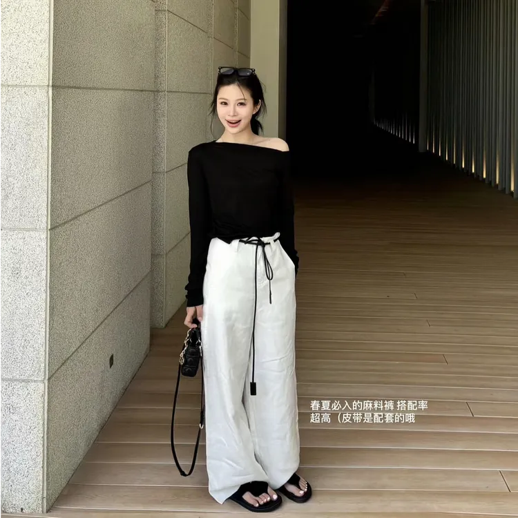 一整套早春御姐穿搭轻熟风时尚套装女性感辣妹斜肩上衣休闲阔腿裤