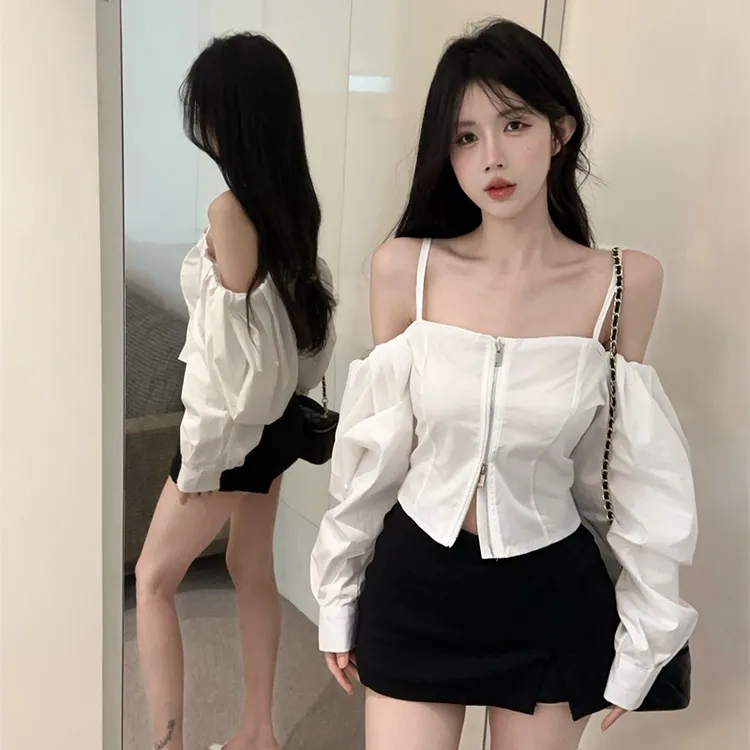2025时尚T恤韩版纯欲一字领露肩甜美衬衫修身显瘦拉链款套头T恤女